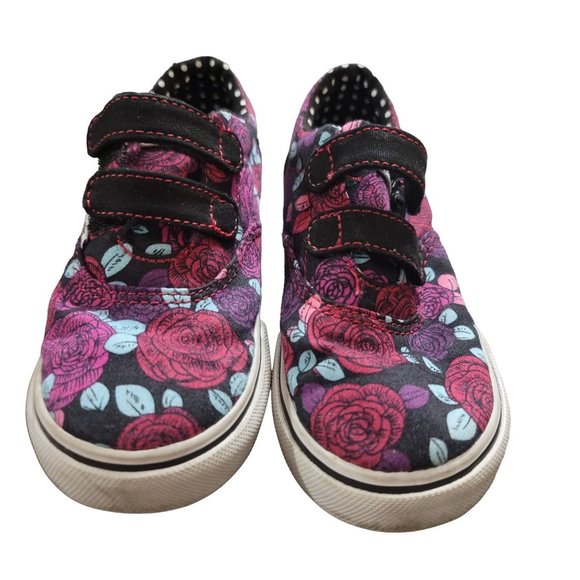 Vans Other - Vans Toddler Girls Size 9 Black Pink Purple Roses Flowers Double Strap Shoes